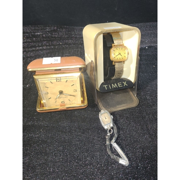 Vintage: Westclox Folding Travel Alarm Clock, Timex Watch, Cedric Watch 
