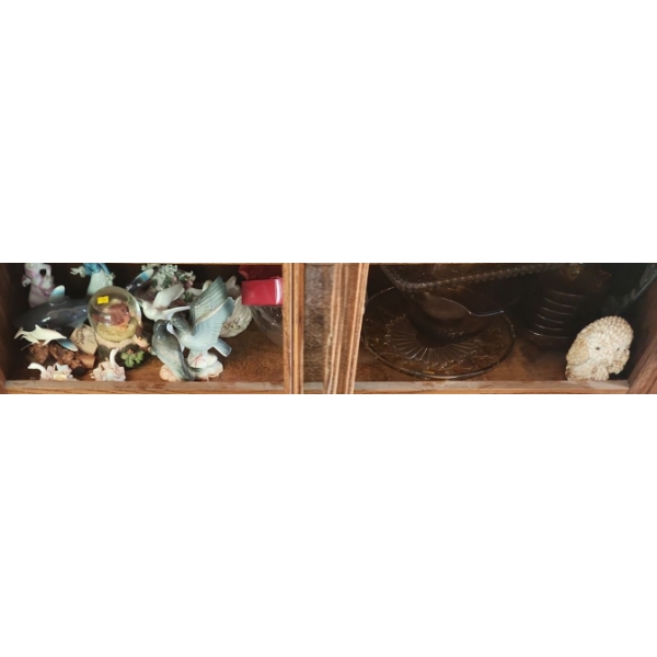 Contents of Shelf (3) Including: Swans, "Leaf" Plates, "Apple" Salad Bowls Set and Other Home Decor