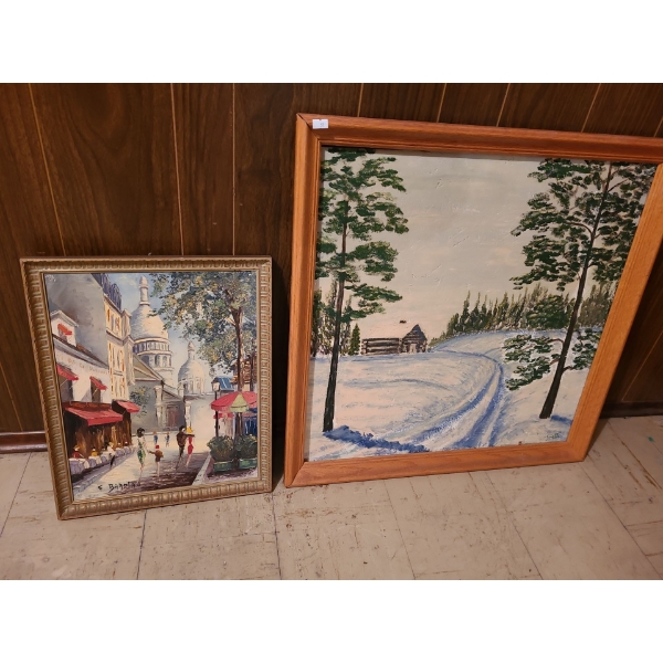 Set of 2 Paintings: City Scene 15X 19 and Log Cabin 27 X 27