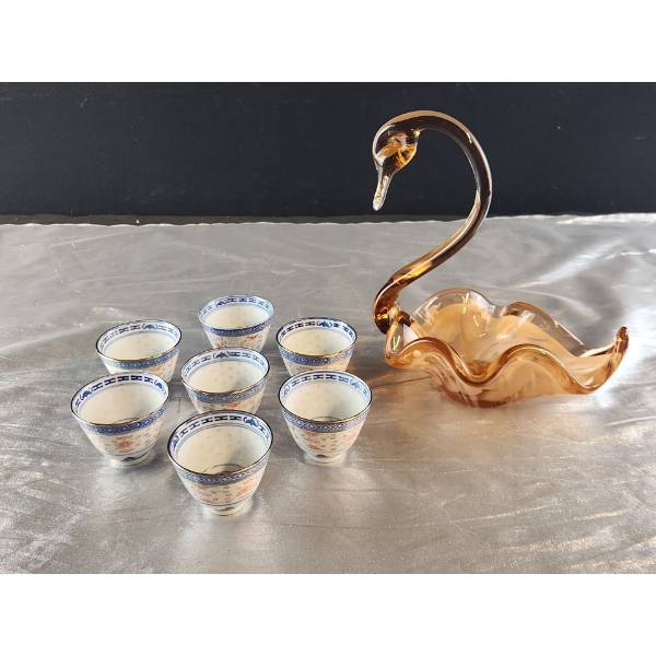 Gorgeous Glass Swan Bowl and Collectable Vintage Chinese Porcelain Cups