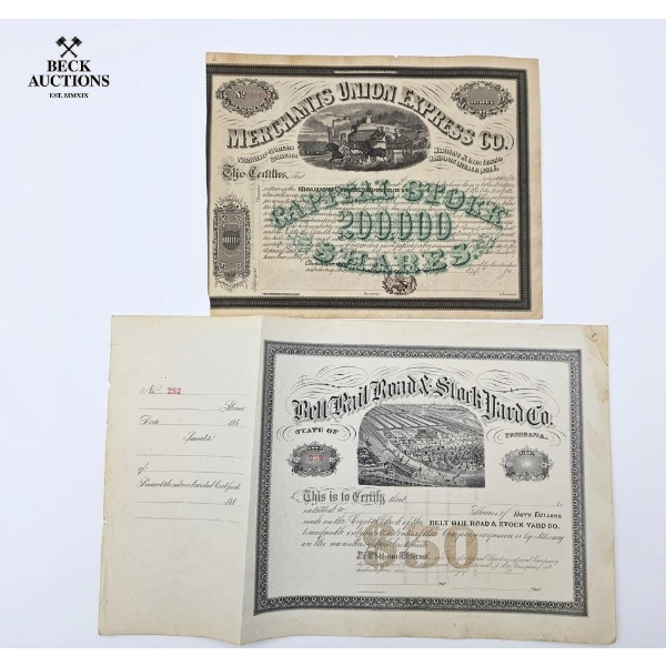Vintage Stock Certificates From The 19th Century.