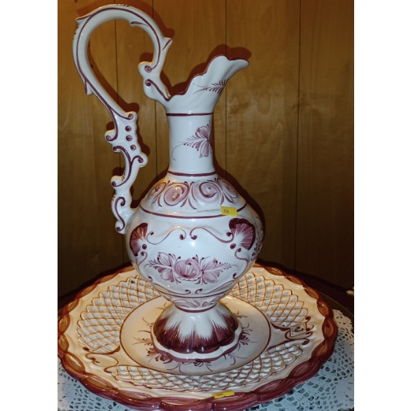 Wooden Stand w/ Large Pitcher and Decorative Bird Figures -- Stand is 26W, 22T 