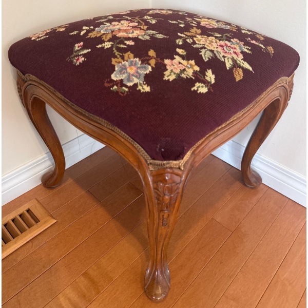 Antique French Louis XV Foot Stool w/ Embroidered Floral Upholstery 16x17