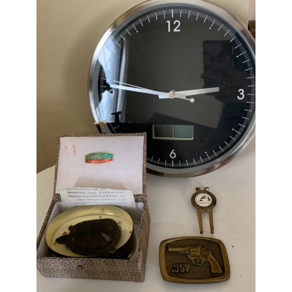 Chrome Wall Clock Quartz 12T w/ Resin Turtle Belt Buckle & more