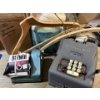 Image 2 : Remington ran adding machine, vintage carpet cutter, two wooden coat, hangers, and vintage baby blue