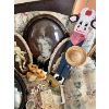 Image 3 : Collection of vintage items, featuring 2 large round dome glass frames, sewing gadgets ceramic horse