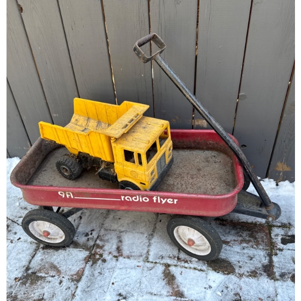 Radio Flyer Model 9A Wagon with Vintage Yellow Toy Dump Truck