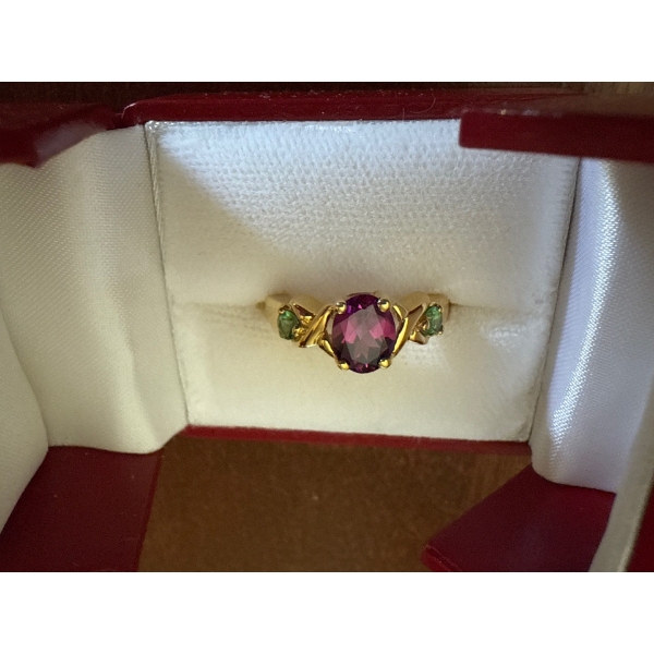 Yellow Gold 14K Stamped Ring, Purple & Green Stones, 3.88g