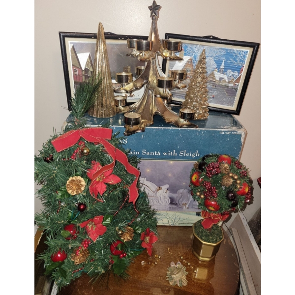 Gold Holiday Tree Candleabra w/ Festive Foliage & Porcelain Santa w/ Sleigh