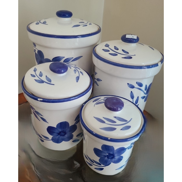 Set of 4 Blue & White Canisters, Largest 6" Diameter, 9 T