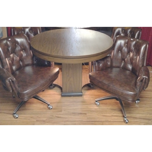 Vintage Card Table w/ 4 Comfortable Vegan Leather Chairs on Casters 45x41