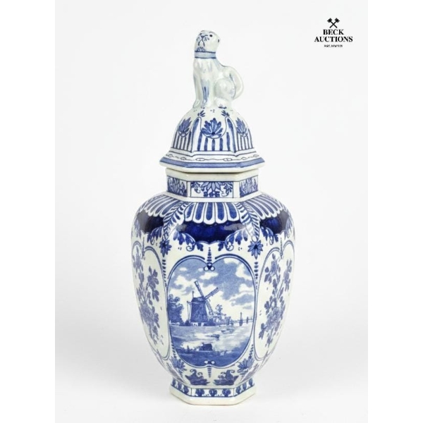 Royal Sphinx Delft Holland Foo Dog Jar,  20th Century. 15'IN H