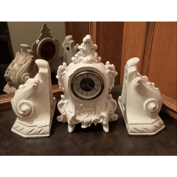 Vintage Lanshire Porcelain Mantel Clock 10"Tall w/ Elegant French Corbels  