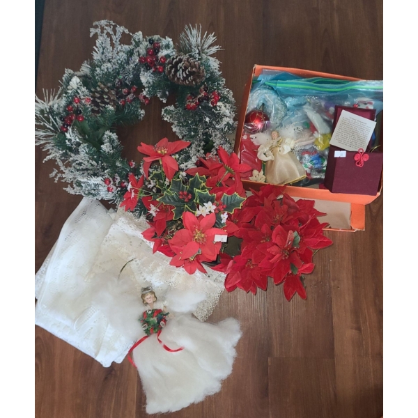 Wreath 18" Diameter, Faux Poinsettia Stems in Basket, Ornaments, Table Decor and More!
