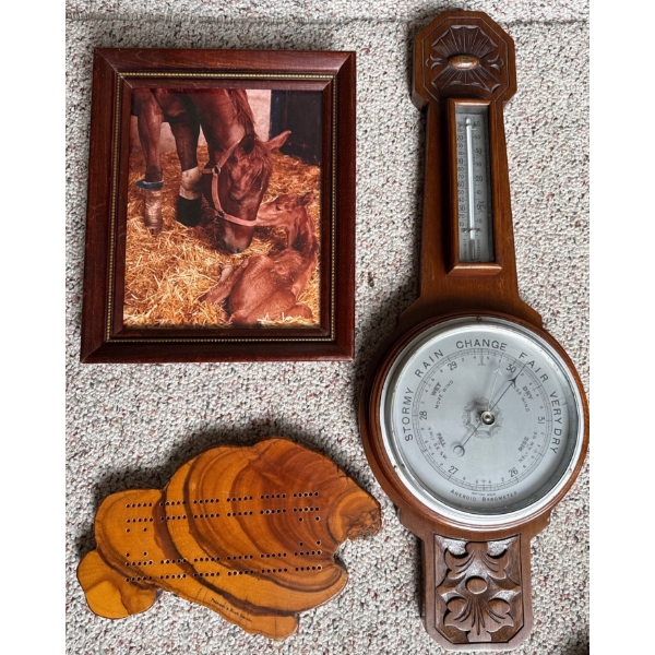 Antique Aneroid Barometer 17T w/ Western Equestrian Print &  Burlwood Coin