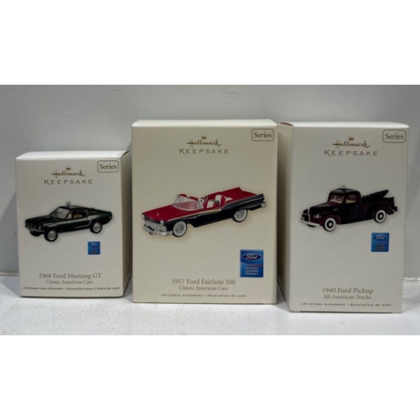 Vehicles- 1968 Mustang FT, 1957 Fairlane 500, 1940 Ford Pickup Hallmark Ornaments 