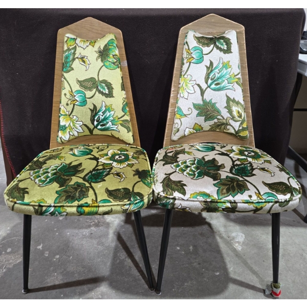 Pair of Retro Velvet Cushioned Seat Chairs (1 is Sun-Faded)