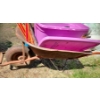 Image 4 : Wheelbarrow 27 W, 64 D, 21 T, Blue Bin of Painting Supplies, Safety Markers, Some Fertilizer 