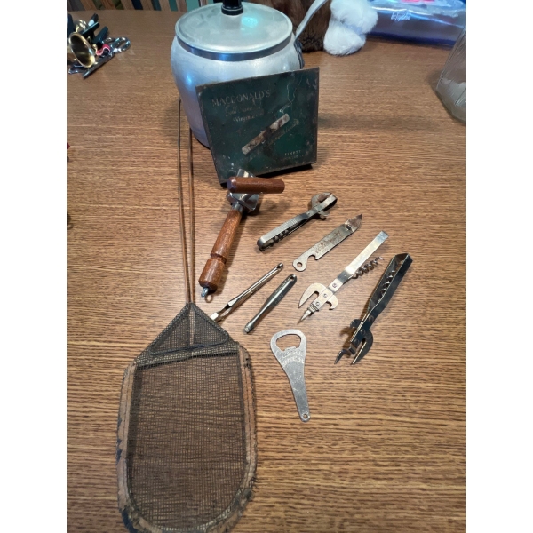  vintage MacDonald’s, finest imported, cigarette container, several vintage bottle openers and a ant