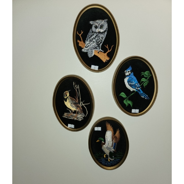 Set of 4 Needlecraft Birds on Velvet Backing 5.5 X 7.5, Framed