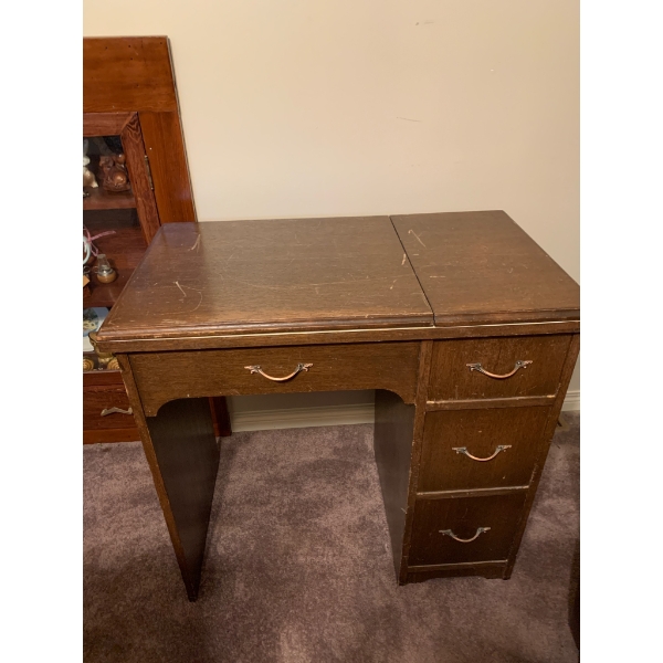 Sewing Desk with Hidden Machine Compartment and Storage Drawers with Sewing Contents