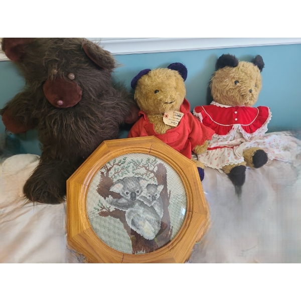 Pair of Paddington Bears  & Fluffy Brown Bear Plush Toy.  Hexagonal Framed Kuala Bear Needlepoint 