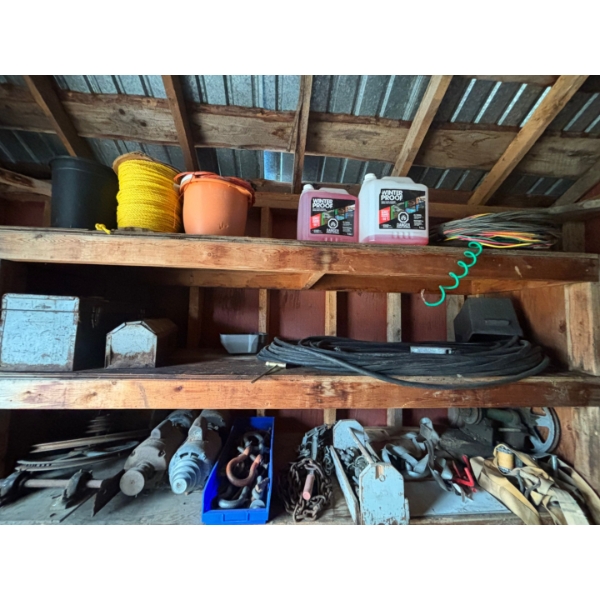 several working electric motors, pulleys pins, come along electric cable and vintage tool boxes 