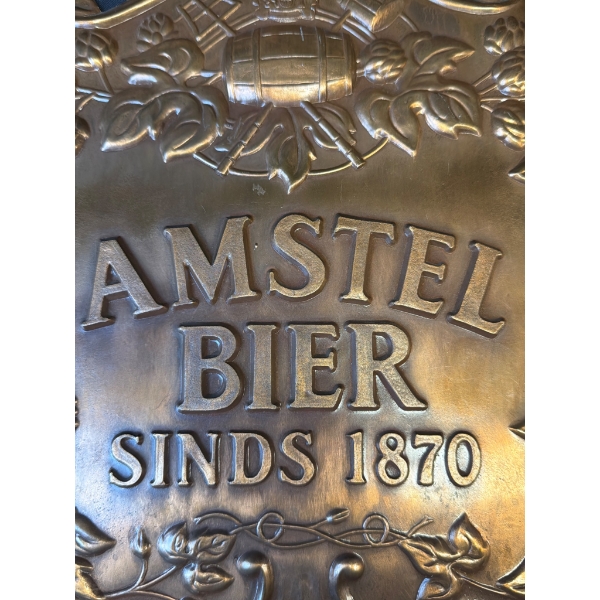 Embossed Metal Amstel Bier Sign with Decorative Hop Motif
