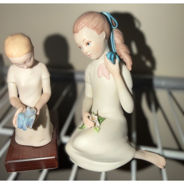Cybis Figurines: Kneeling 8 T, Sitting w/ Flowers 3.5 W, 4.5 D, 8.5 T 