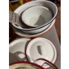 Image 4 :  collection of enamel pots bowls with a collection of lids, vintage strainer, and vintage cookie cut