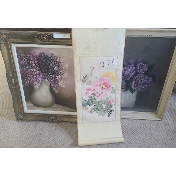 Pair of Floral Paintings & Beautiful Wall Scroll .  Lilacs 22 1/2 w 27 1/ h