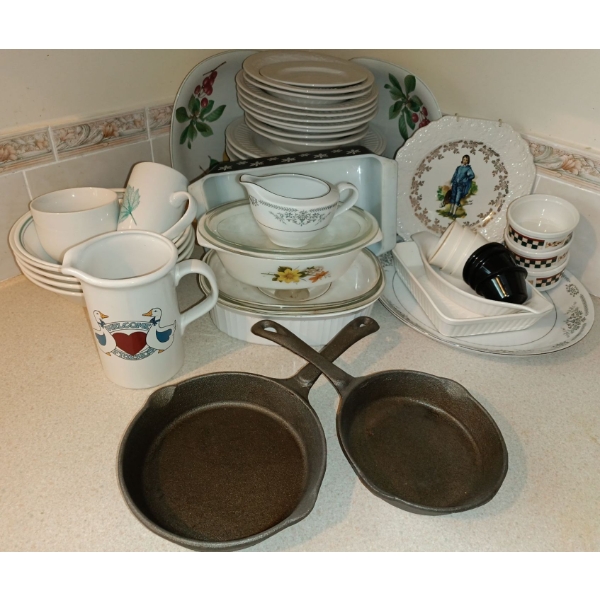 Vintage Corning ware, Cast Iron Pans Large & Small, Plates , Bowls & Little Boy Blue Hanging Plate