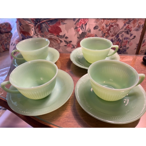 Fire King mint green tea cup, and saucer, set 4 in total
