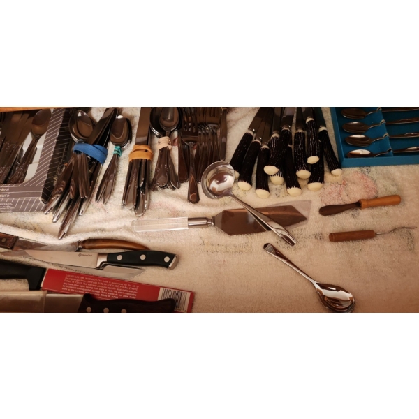Cutlery- Staghorn Knives, Stainless Steel Assorted Cutlery, Sugar Spoons and Other Utensils