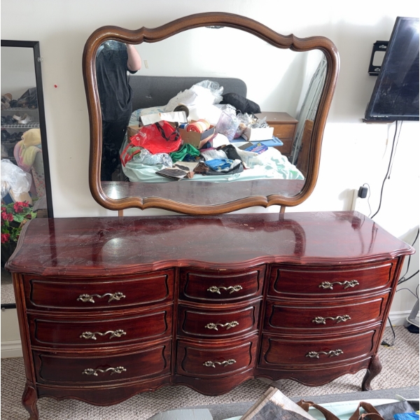 Wood Dresser With Ornate Mirror and Drawers