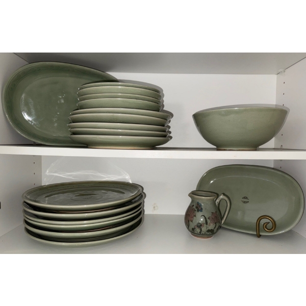 Vintage Thai Celadon Pottery Collection - Plates & Bowls w/ Creamer Canister 