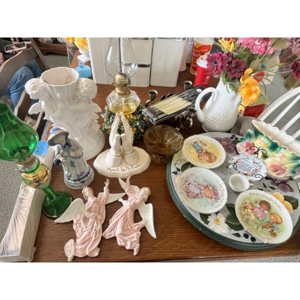 Collection of various vintage and decorative items. Figurines, oil lamps, lazy Susan for the table t
