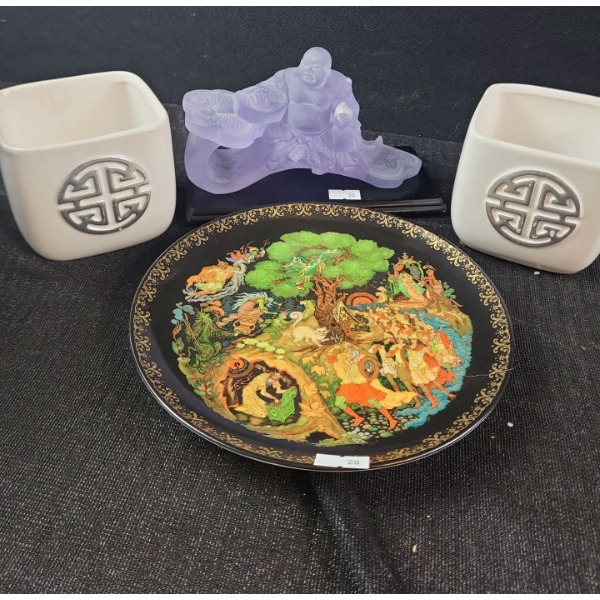 Purple Resin Buddha 7 W, 3.5 D, 4.5 T, Plate 7 3/4" Diameter, Two Square Pots 3.5 X 3.5, 3.5 T 