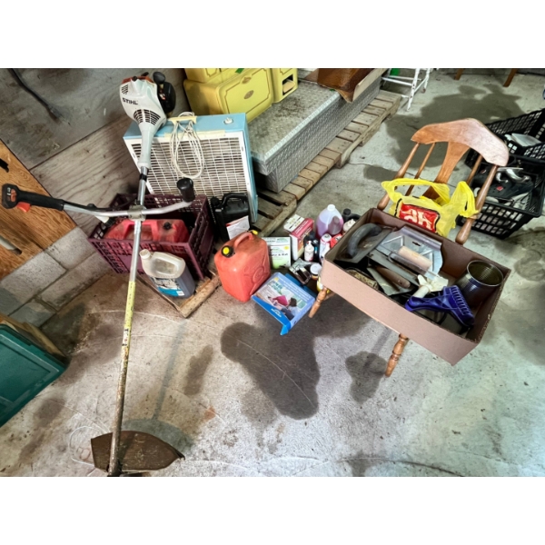 STIHL FS 55 R Petrol Brushcutter (needs new fuel tank) fan gas can plus box filled with various tool