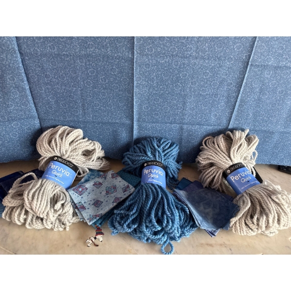 3 New Skeins Of Wool w/ Assorted Fabric Fat Corners & A Yard Of Quilter's Fabric 