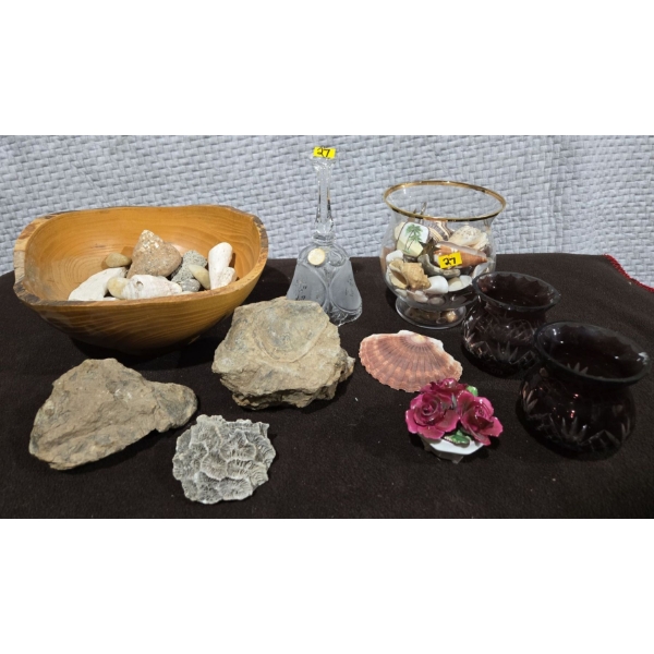 Sea Shells Galore + Purple Crystal Candle Holders, Crystal Bell + Fossils
