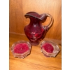 Image 4 : Ruby Red Glass Pitcher, Crystal Candle Holders, & Vintage Jewelry Set