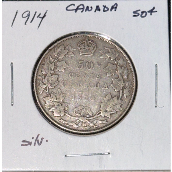 1914 Canadian 50 Cent Coin 92.5% Silver 11.62 Grams