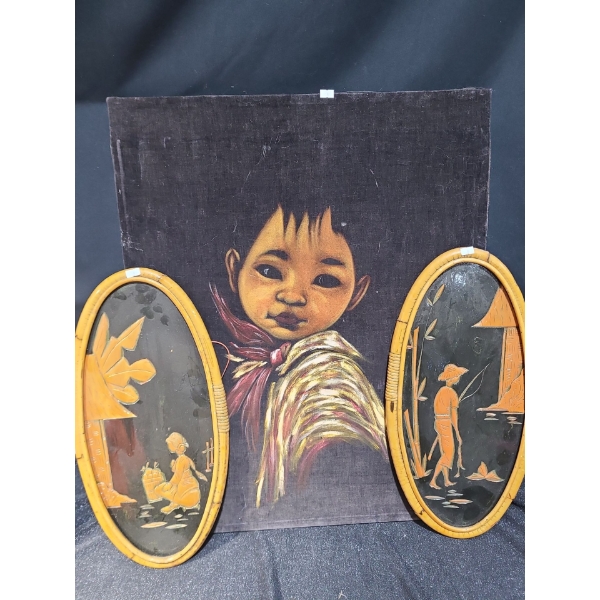 Velvet Art 24 X 30 and Two Oval Asian Scenes w/ Wood Details and Frames 10 X 20.5
