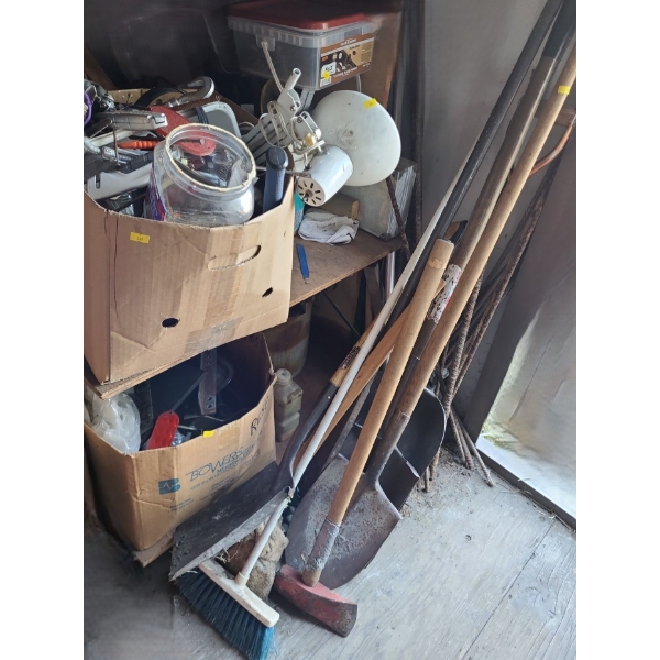 Contents of Garage Shelf Including: Hardware, Worklight- Also Includes, Shovels, Axe and More!