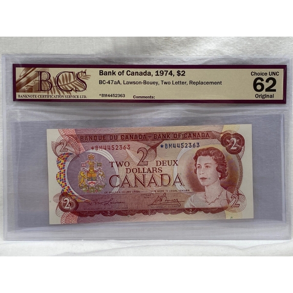 Graded Canadian 1974 $2 Choice UNC Prefix: *BM