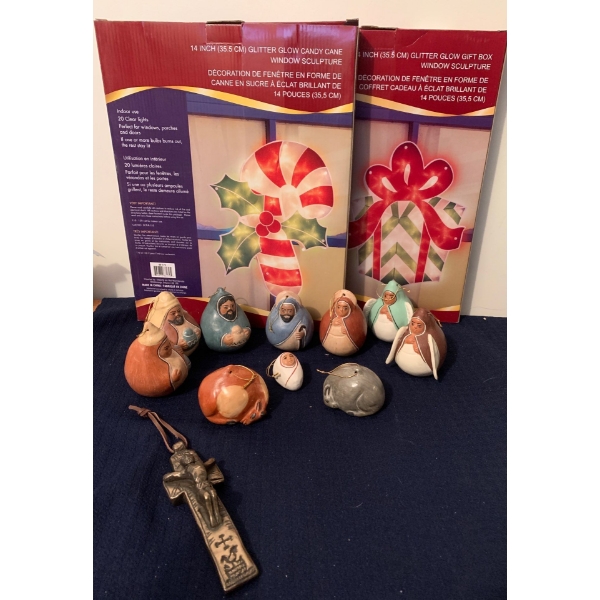 Nativity Scene Ornaments w/ Irish Folk Art Penal Cross & Holiday Lights 