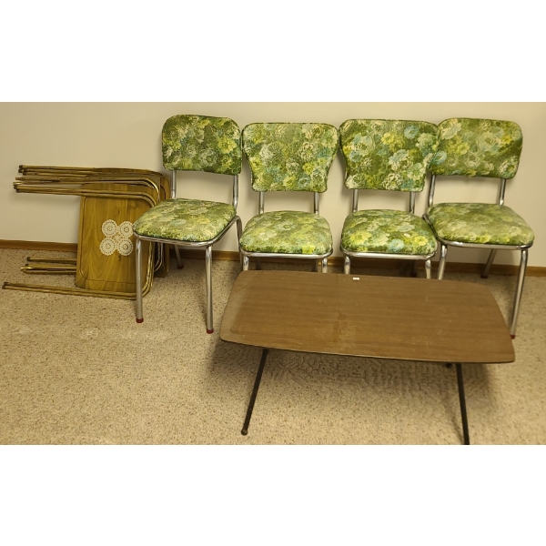 Vintage: Coffee Table 36 w, 11.5 d, 15.5 h, Chairs 15 w, 16.5 d, 31 h, TV Trays