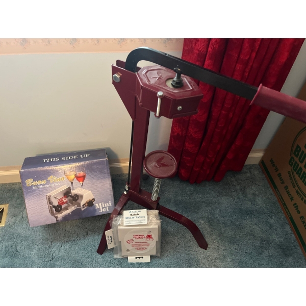 wine making equipment bottle, corker and mini jet filter with extra mini jet pads/filters in new con