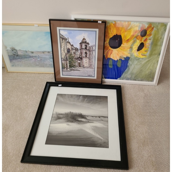 Wall Art: Riverside Print 20 X 16, Church Drawing 14.5 X 19, Sunflower Painting 26 X 20